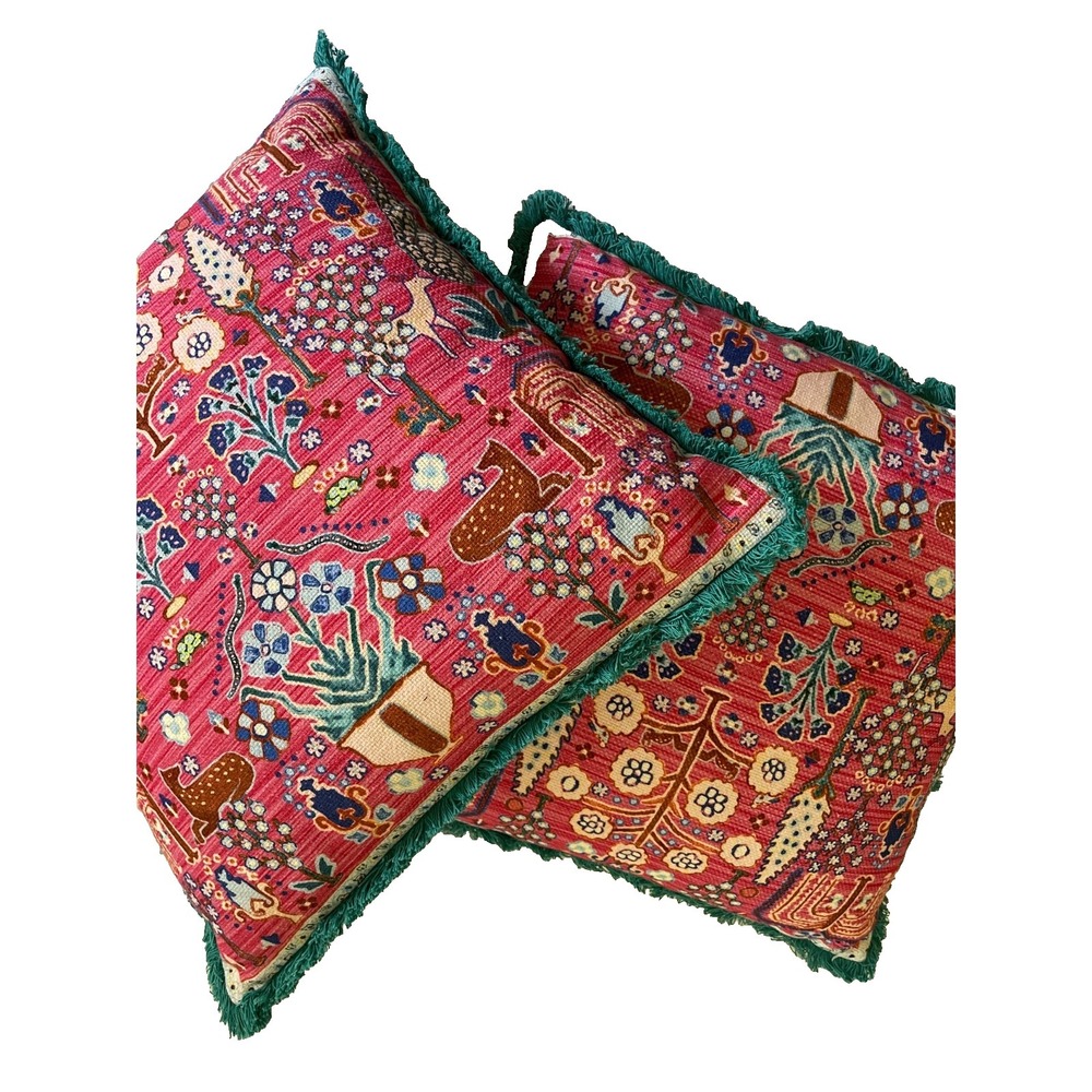 Anthropologie  Jules Fringed Pillow Square 20x20 Boho Pink Blue Cotton Pair 2